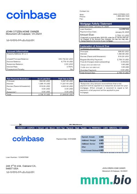 USA Coinbase wyciąg z kredytu hipotecznego w formatach Word i PDF